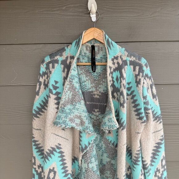 renee c sweater Open Aztec Bohemian Size Medium Wool & Mohair Gray Teal - Picture 2 of 5